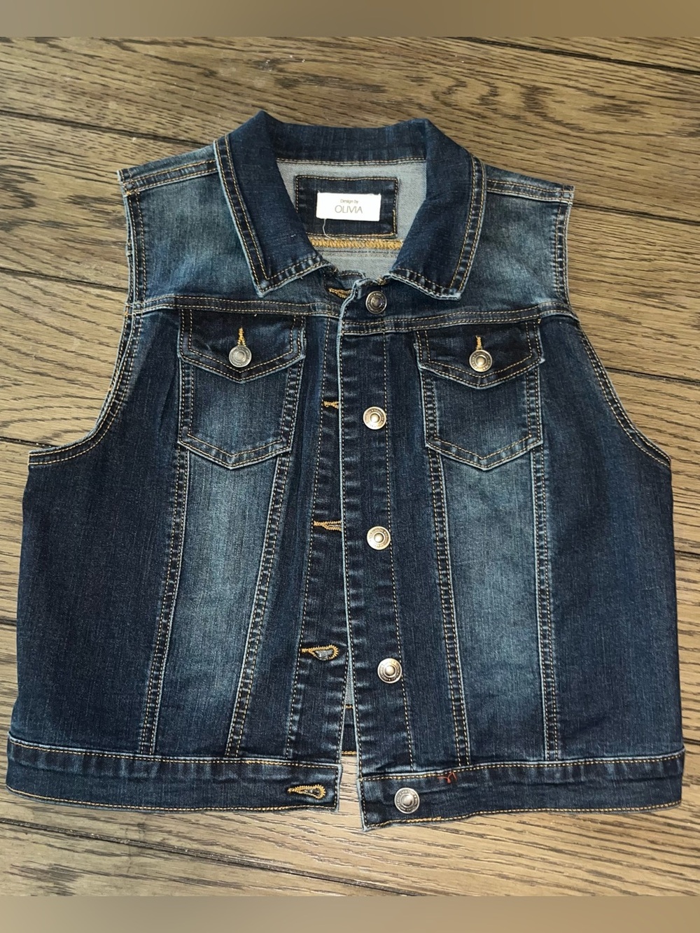 Design by Olivia Womens Denim Vest Dark Wash Button Up Blue Jean Jacket Medium
